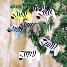 Load image into Gallery viewer, Set of Six Colorful Wool and Cotton Zebra Ornaments - Zebra Realm | NOVICA
