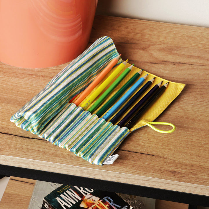 Wooden Colored Pencil Set and Yellow Cotton Roll Case - Creative Sunshine | NOVICA