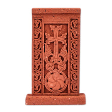 Load image into Gallery viewer, Hand-Carved Traditional Floral Tuff Stone Stela Sculpture - Red Faith Flower | NOVICA
