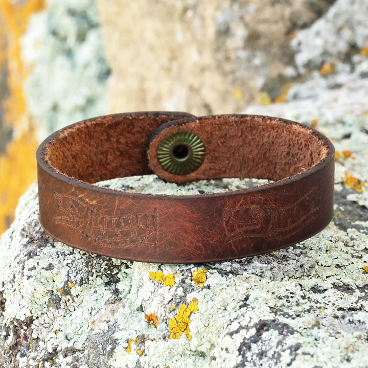 Men's Hieroglyphic-Themed Brown Leather Wristband Bracelet - Myths | NOVICA