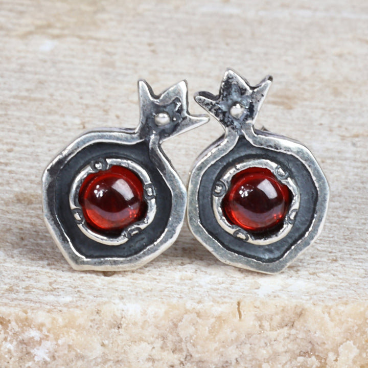 Pomegranate-Themed Natural Garnet Button Earrings - Blossoming Pomegranate | NOVICA