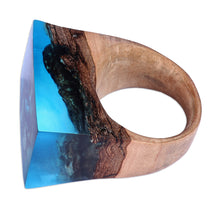 Load image into Gallery viewer, Handmade Blue Nature-Themed Resin and Pearwood Cocktail Ring - Dream Lake | NOVICA
