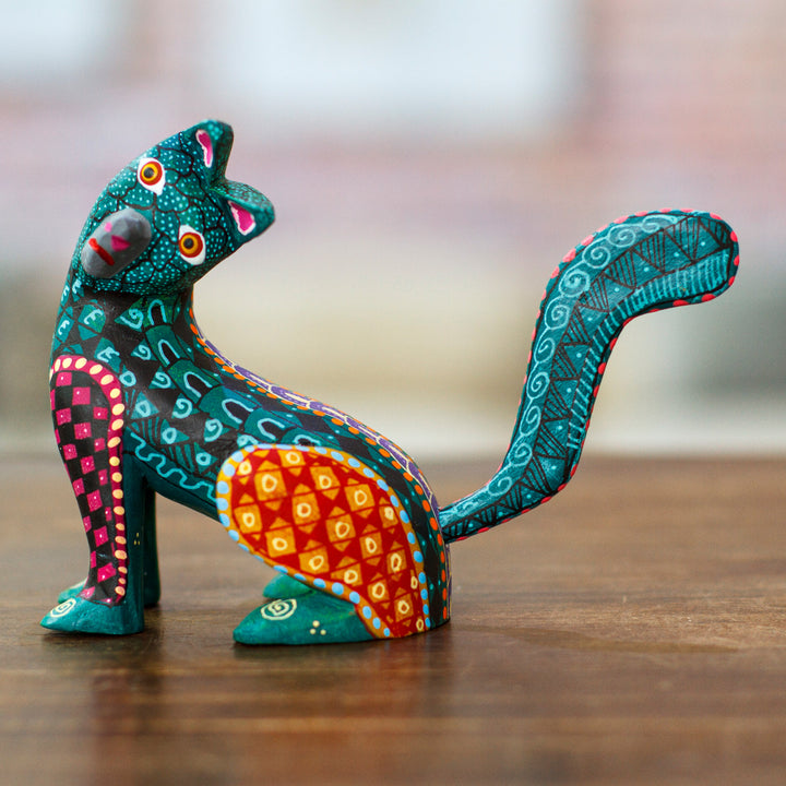 Wood Cat Alebrije Figurine in Green Hand-Painted in Mexico - Curious Cat in Green | NOVICA