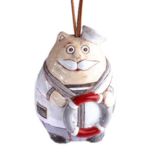 Load image into Gallery viewer, Painted Nautical Cat Ceramic Bell Ornament with Leather Cord - Captain Cat | NOVICA
