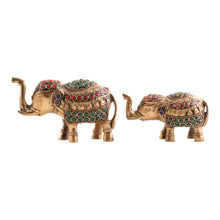 Load image into Gallery viewer, Set of 2 Golden-Toned Brass Elephant Sculptures with Beads - Royal Sages | NOVICA
