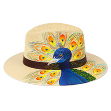 Load image into Gallery viewer, Hand-Painted Peacock-Themed Leather-Accented Cotton Hat - Divine Spirit | NOVICA
