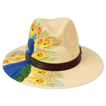 Load image into Gallery viewer, Hand-Painted Peacock-Themed Leather-Accented Cotton Hat - Divine Spirit | NOVICA
