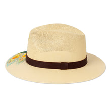 Load image into Gallery viewer, Hand-Painted Peacock-Themed Leather-Accented Cotton Hat - Divine Spirit | NOVICA
