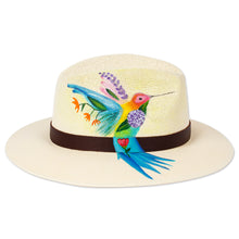Load image into Gallery viewer, Hand-Painted Hummingbird-Themed Leather-Accented Cotton Hat - Jolly Spirit | NOVICA
