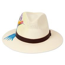 Load image into Gallery viewer, Hand-Painted Hummingbird-Themed Leather-Accented Cotton Hat - Jolly Spirit | NOVICA

