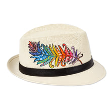 Load image into Gallery viewer, Hand-Painted Feather-Themed Leather-Accented Cotton Hat - Authentic Spirit | NOVICA
