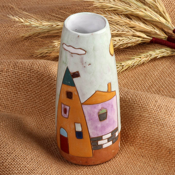 Armenian Hand-Painted Glazed Ceramic Vase with House Motif - Lovely Homes | NOVICA