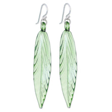 Load image into Gallery viewer, Handblown Leaf-Shaped Green Glass Dangle Earrings - Bamboo Leaf | NOVICA
