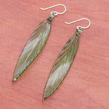 Load image into Gallery viewer, Handblown Leaf-Shaped Green Glass Dangle Earrings - Bamboo Leaf | NOVICA
