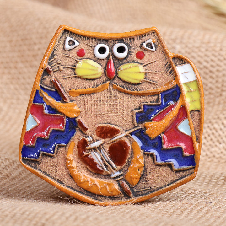 Traditional Cat and Music-Themed Ceramic Magnet from Armenia - Feline Emblem | NOVICA