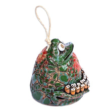 Load image into Gallery viewer, Whimsical Handcrafted Painted Frog Ceramic Bell Ornament  - Froggy Teacher | NOVICA

