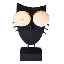 Load image into Gallery viewer, Owl-Themed Tilia Wood and Stainless Steel Sculpture in Black - Big Eyes Owl | NOVICA
