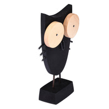 Load image into Gallery viewer, Owl-Themed Tilia Wood and Stainless Steel Sculpture in Black - Big Eyes Owl | NOVICA
