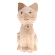 Load image into Gallery viewer, Hand-Carved Raintree Wood Cat Figurine with Aluminum Bell - Feline Melody | NOVICA

