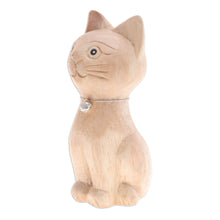 Load image into Gallery viewer, Hand-Carved Raintree Wood Cat Figurine with Aluminum Bell - Feline Melody | NOVICA

