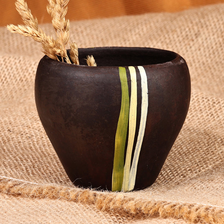 Handcrafted Striped Terracotta Decorative Flower Pot - Lines of Nature | NOVICA