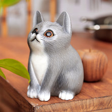 Load image into Gallery viewer, Handcrafted Kitten Suar Wood Figurine in Grey Hues - Dreamy Kitten | NOVICA
