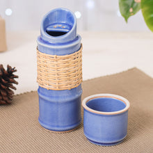 Load image into Gallery viewer, Blue Celadon Ceramic and Rattan Bamboo-Themed Water Bottle - Blue Bamboo | NOVICA
