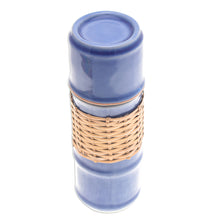 Load image into Gallery viewer, Blue Celadon Ceramic and Rattan Bamboo-Themed Water Bottle - Blue Bamboo | NOVICA
