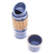 Load image into Gallery viewer, Blue Celadon Ceramic and Rattan Bamboo-Themed Water Bottle - Blue Bamboo | NOVICA
