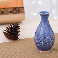 Load image into Gallery viewer, Celadon Ceramic Elephant Vase in Blue Handmade in Thailand - Joyful Elephants | NOVICA
