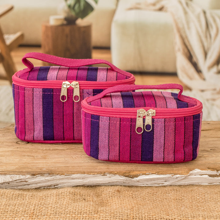 Set of 2 Magenta and Purple Striped Cotton Cosmetic Bags - Magenta Styles | NOVICA