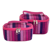 Load image into Gallery viewer, Set of 2 Magenta and Purple Striped Cotton Cosmetic Bags - Magenta Styles | NOVICA
