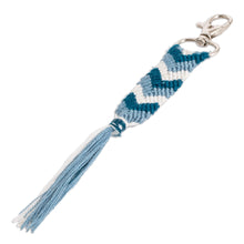 Load image into Gallery viewer, Blue &amp; White Macrame Keychain &amp; Bag Charm with Chevron Motif - Silhouettes in the Sea | NOVICA
