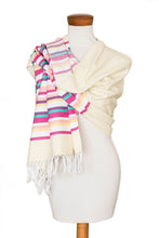 Load image into Gallery viewer, Handloomed Ivory Cotton Shawl with Colorful Stripes - Dulcet Aurora | NOVICA
