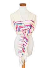 Load image into Gallery viewer, Handloomed Ivory Cotton Shawl with Colorful Stripes - Dulcet Aurora | NOVICA
