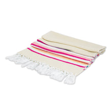 Load image into Gallery viewer, Handloomed Ivory Cotton Shawl with Colorful Stripes - Dulcet Aurora | NOVICA
