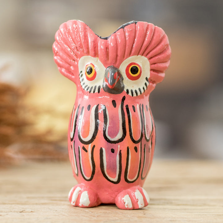 Ceramic Owl Figurine in Pink Hand-Painted in Guatemala - Sweet Tecolote | NOVICA