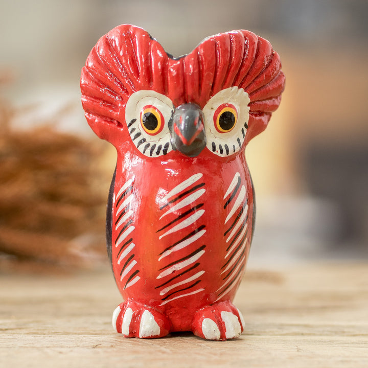 Small Ceramic Owl Figurine in Red Hand-Painted in Guatemala - Vibrant Tecolote | NOVICA