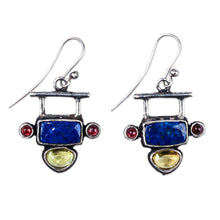 Load image into Gallery viewer, Lapis Lazuli Garnet and Synthetic Sapphire Dangle Earrings - Geometric Space | NOVICA
