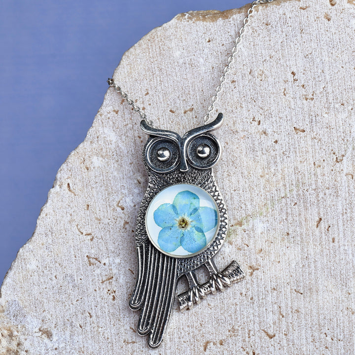 Owl-Themed Natural Flower Sterling Silver Pendant Necklace - Sage's Memories | NOVICA
