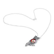 Load image into Gallery viewer, Owl-Themed Red Flower Sterling Silver Pendant Necklace - Sage&#39;s Romance | NOVICA
