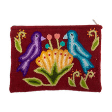 Load image into Gallery viewer, Bird and Flower-Themed Burgundy Wool Cosmetic Bag - Burgundy Nature | NOVICA
