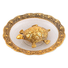 Load image into Gallery viewer, Antique Golden Turtle-Themed Aluminum and Glass Centerpiece - Divine Turtle | NOVICA
