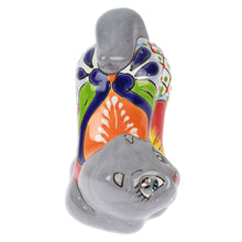 Load image into Gallery viewer, Handcrafted Hacienda-Themed Grey Ceramic Cat Figurine - Feline Stretching | NOVICA
