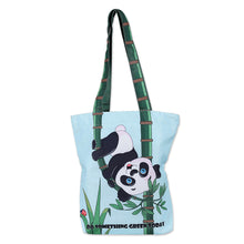 Load image into Gallery viewer, Printed Inspirational Panda-Themed Green Cotton Tote Bag - Bamboo Message | NOVICA
