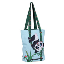 Load image into Gallery viewer, Printed Inspirational Panda-Themed Green Cotton Tote Bag - Bamboo Message | NOVICA

