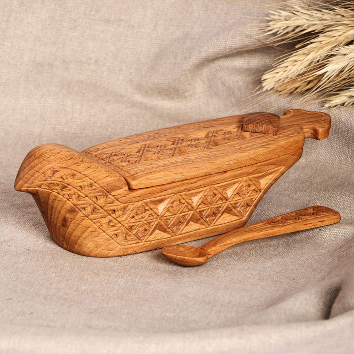 Polished Traditional Bird-Themed Beechwood Condiment Bowl - Distant Flavors | NOVICA