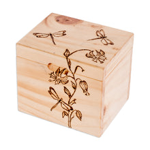 Load image into Gallery viewer, Carved Floral and Dragonfly-Themed Pinewood Decorative Box - Dragonfly Traces | NOVICA
