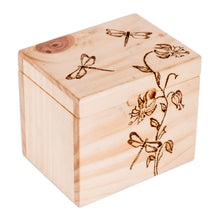 Load image into Gallery viewer, Carved Floral and Dragonfly-Themed Pinewood Decorative Box - Dragonfly Traces | NOVICA
