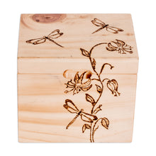 Load image into Gallery viewer, Carved Floral and Dragonfly-Themed Pinewood Decorative Box - Dragonfly Traces | NOVICA
